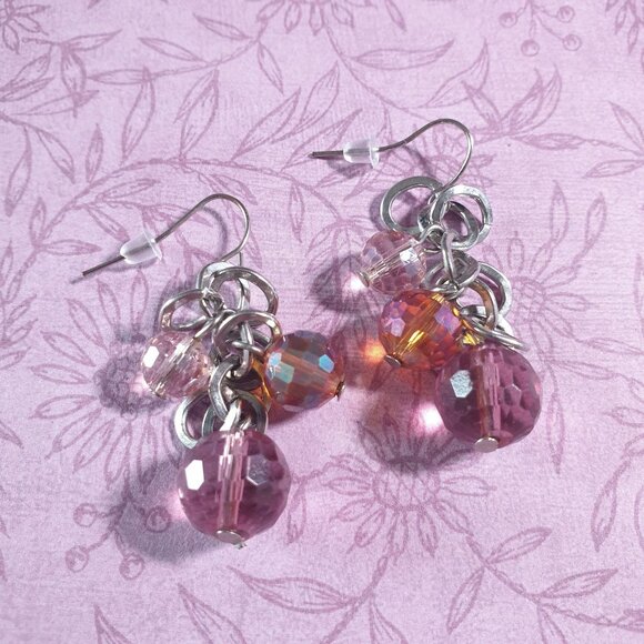 Handmade Silver Tone Vintage Dangle Earrings  Pink Orange Faceted Beads Costume - Picture 1 of 4
